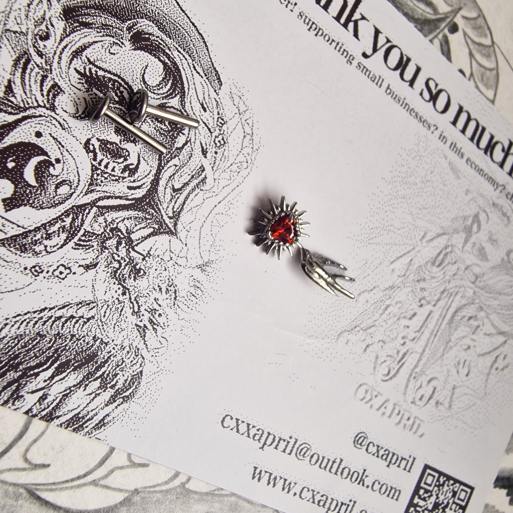Don't shoot the messenger | Asymmetric Titanium Silver Bird Earring and Red Zircon Cartilage Stud Set