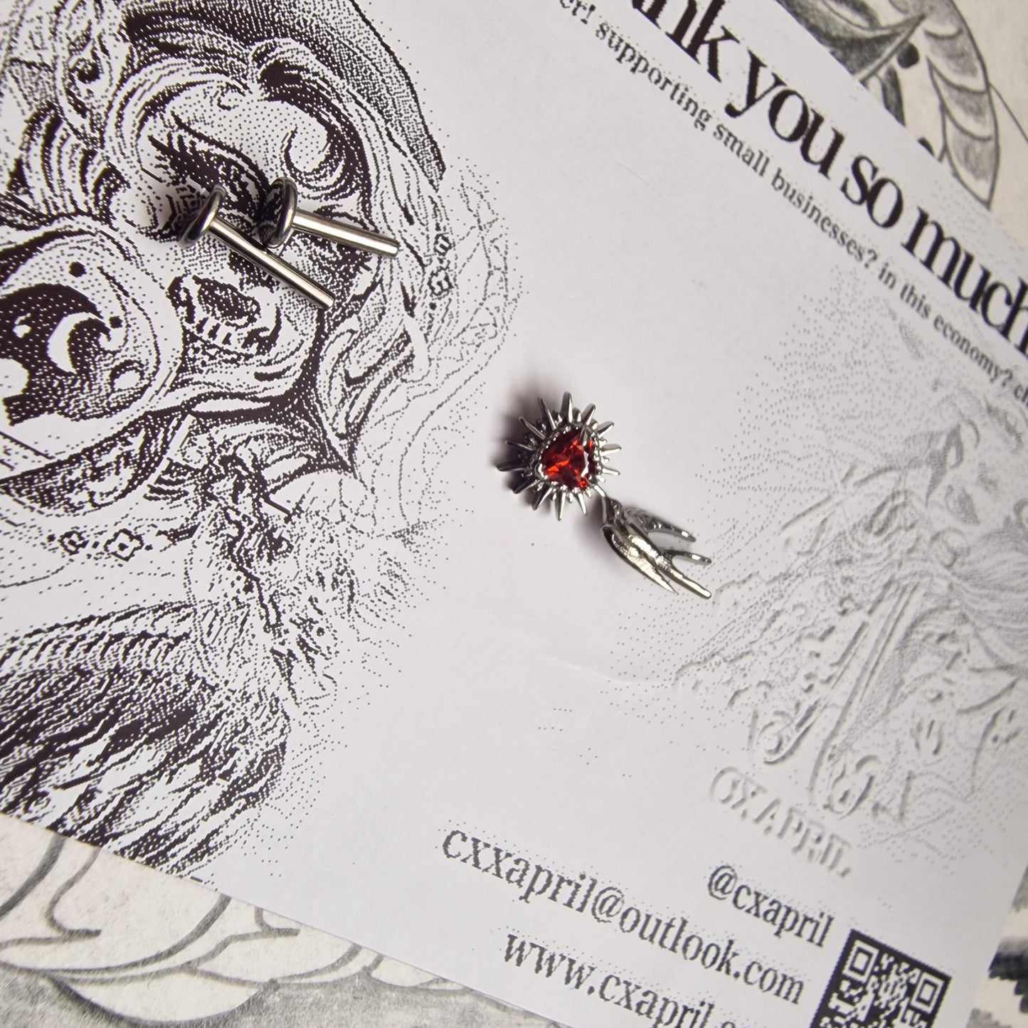 Don't shoot the messenger | Asymmetric Titanium Silver Bird Earring and Red Zircon Cartilage Stud Set