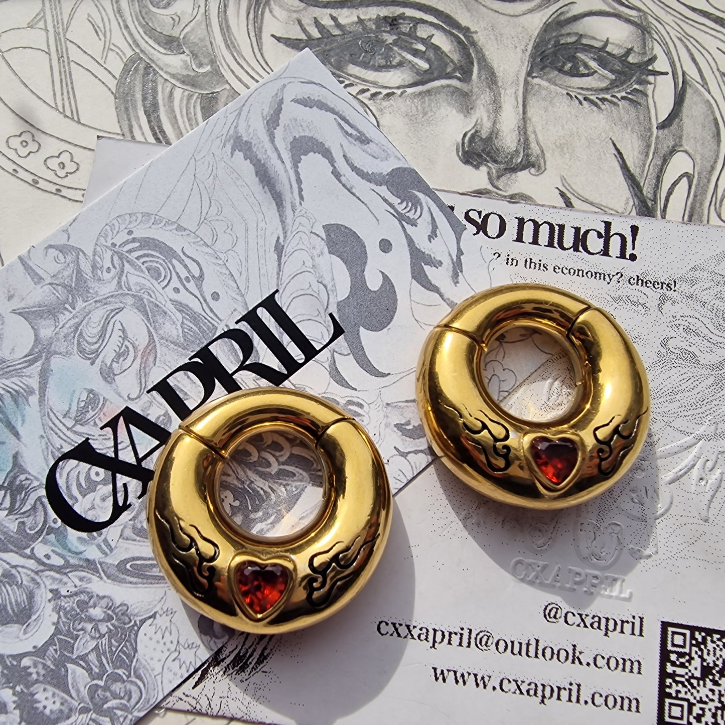 6MM 2G Red Flame Heart x Tribal Tattoo Ear Weights | Stretched Lobes