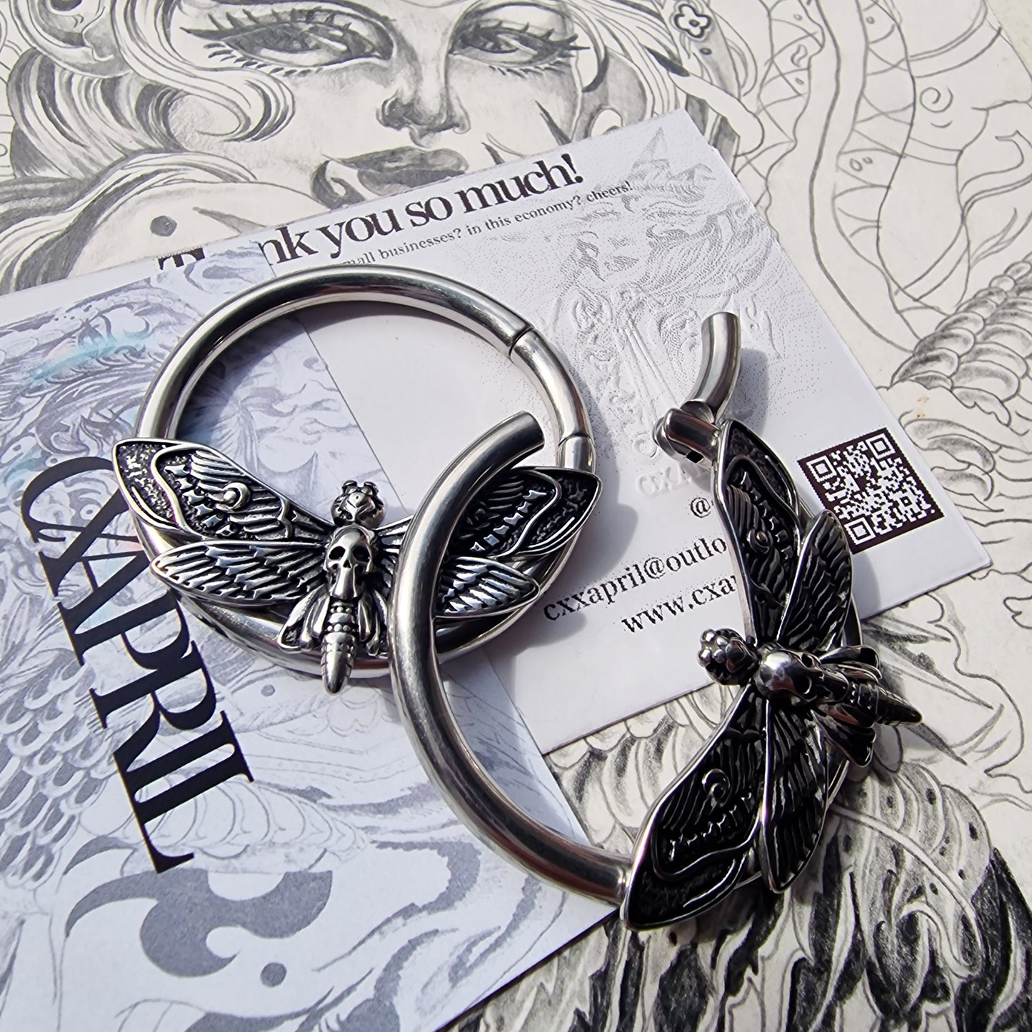4MM 2G Silver Silence of the Death Moth | Ear Weights for Stretched Ears and Lobes