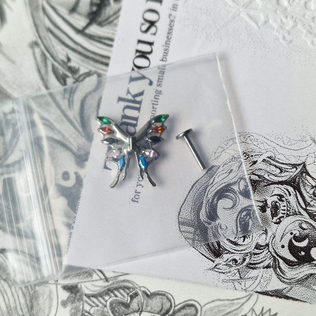 Jeweled Vintage Clown Pendant Rainbow Butterfly Earrings  | Zircon Titanium Silver Body Piercing
