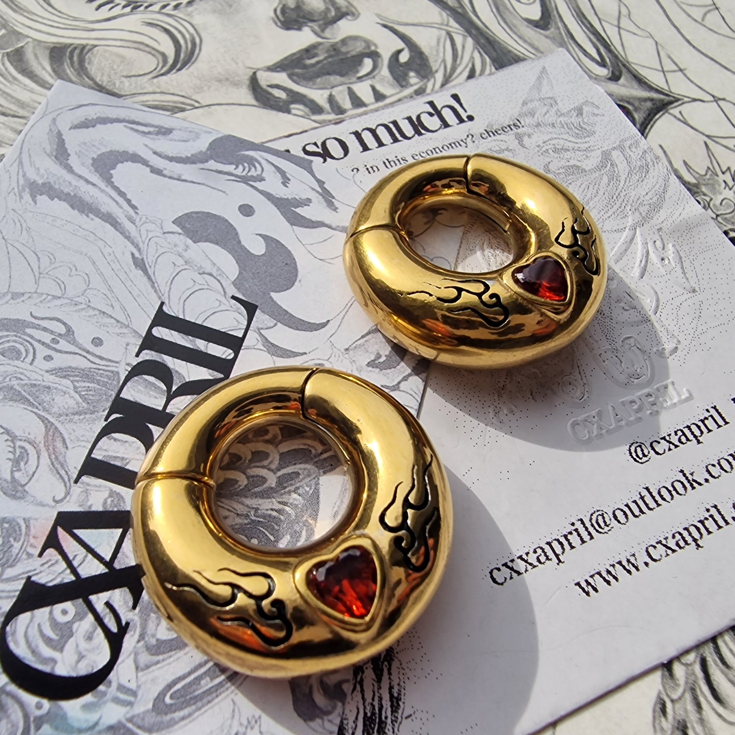 6MM 2G Red Flame Heart x Tribal Tattoo Ear Weights | Stretched Lobes