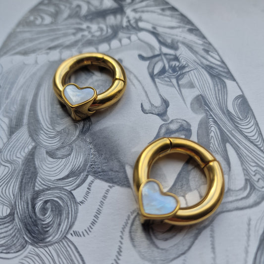 6MM 2G Heart Gold Hoop Hangers Ear Weight | Mother of pearl hangers Tapers Plugs