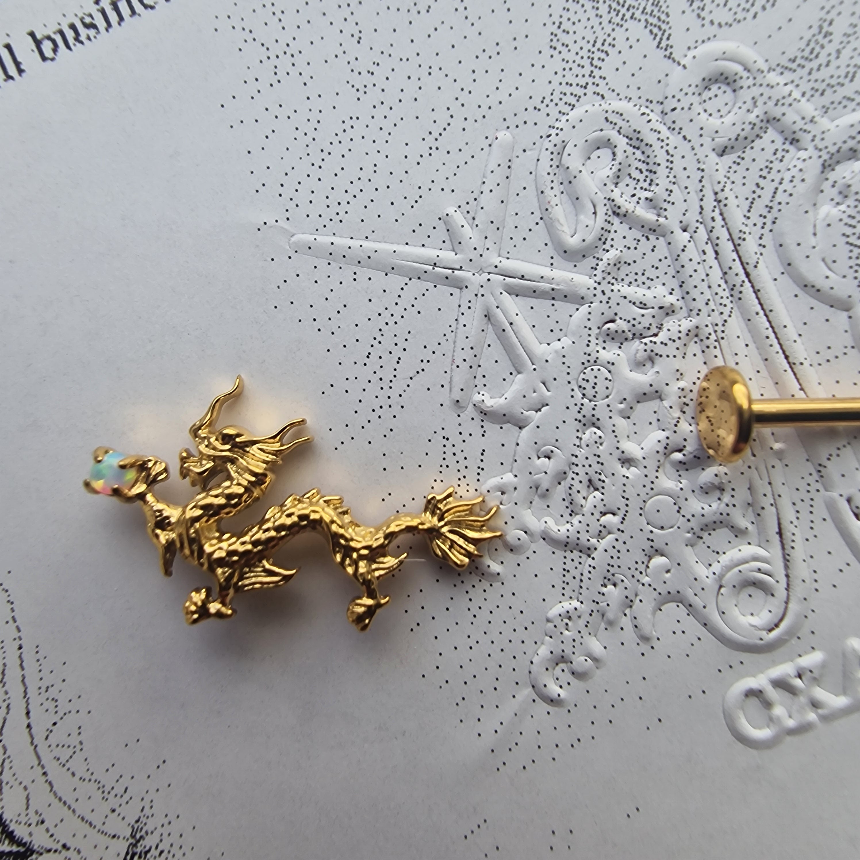 Anime Inspired Dragon and Mask Asymmetric Gold Titanium Earring Set | Titanium Gold Asian Body Piercings and Jewellery