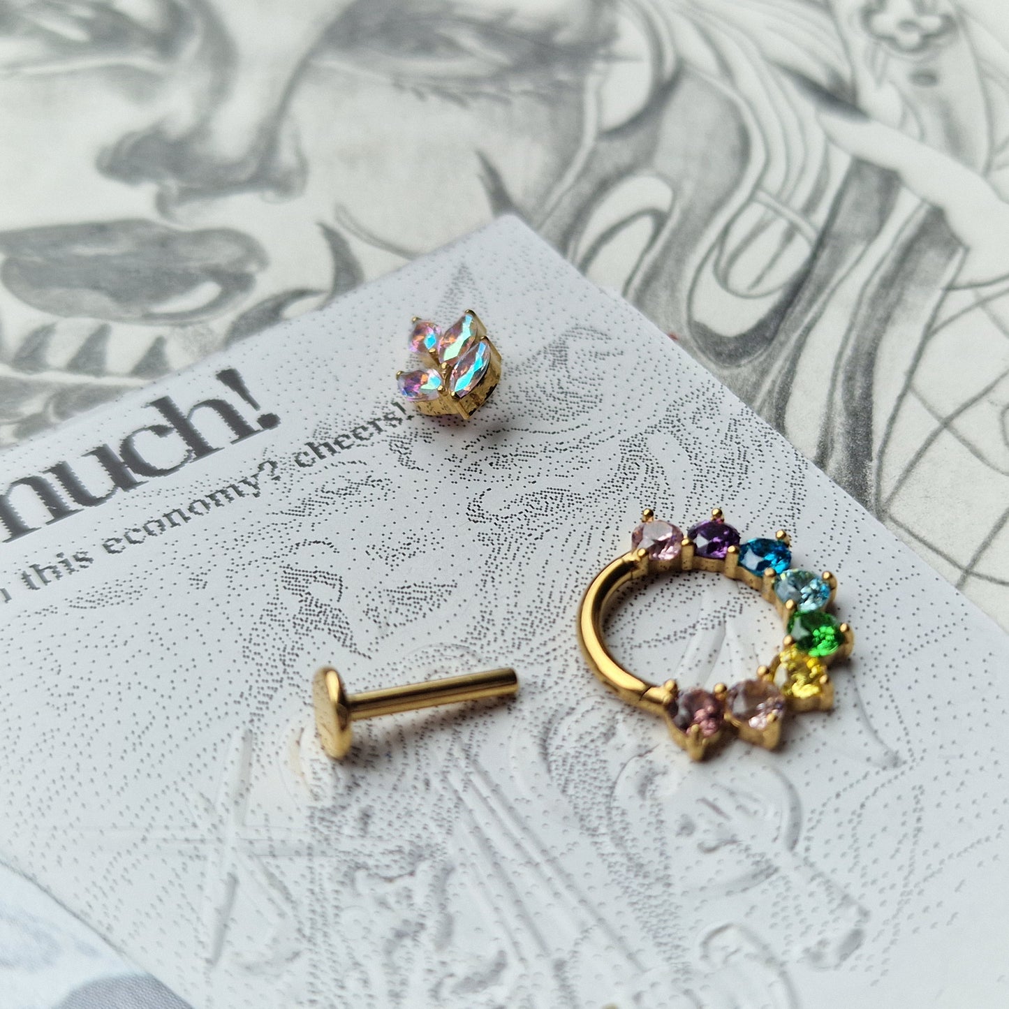 Rainbow Iridescent Set Titanium Gold Cartilage Stud / Hoop Set | Body Piercings Alt Jewellery
