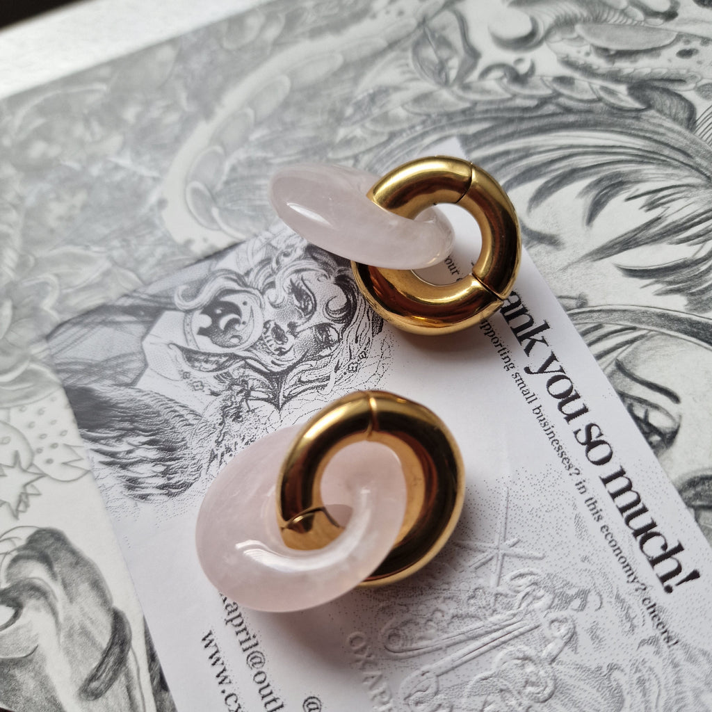 Gold Ear Weights Pink Jade Stone Organic Ear Weights Plugs Gauges Tunnels Alt