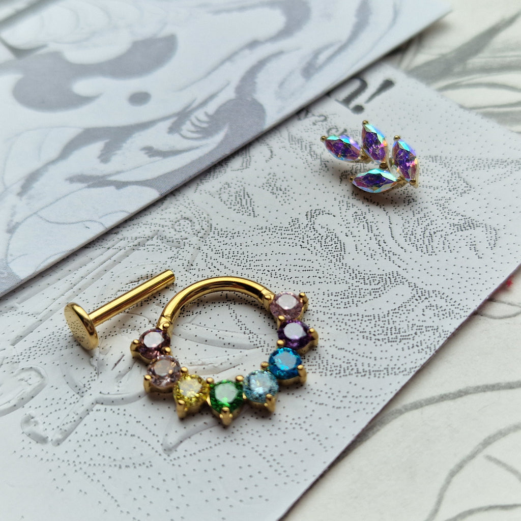Rainbow Iridescent Set Titanium Gold Cartilage Stud / Hoop Set | Body Piercings Alt Jewellery