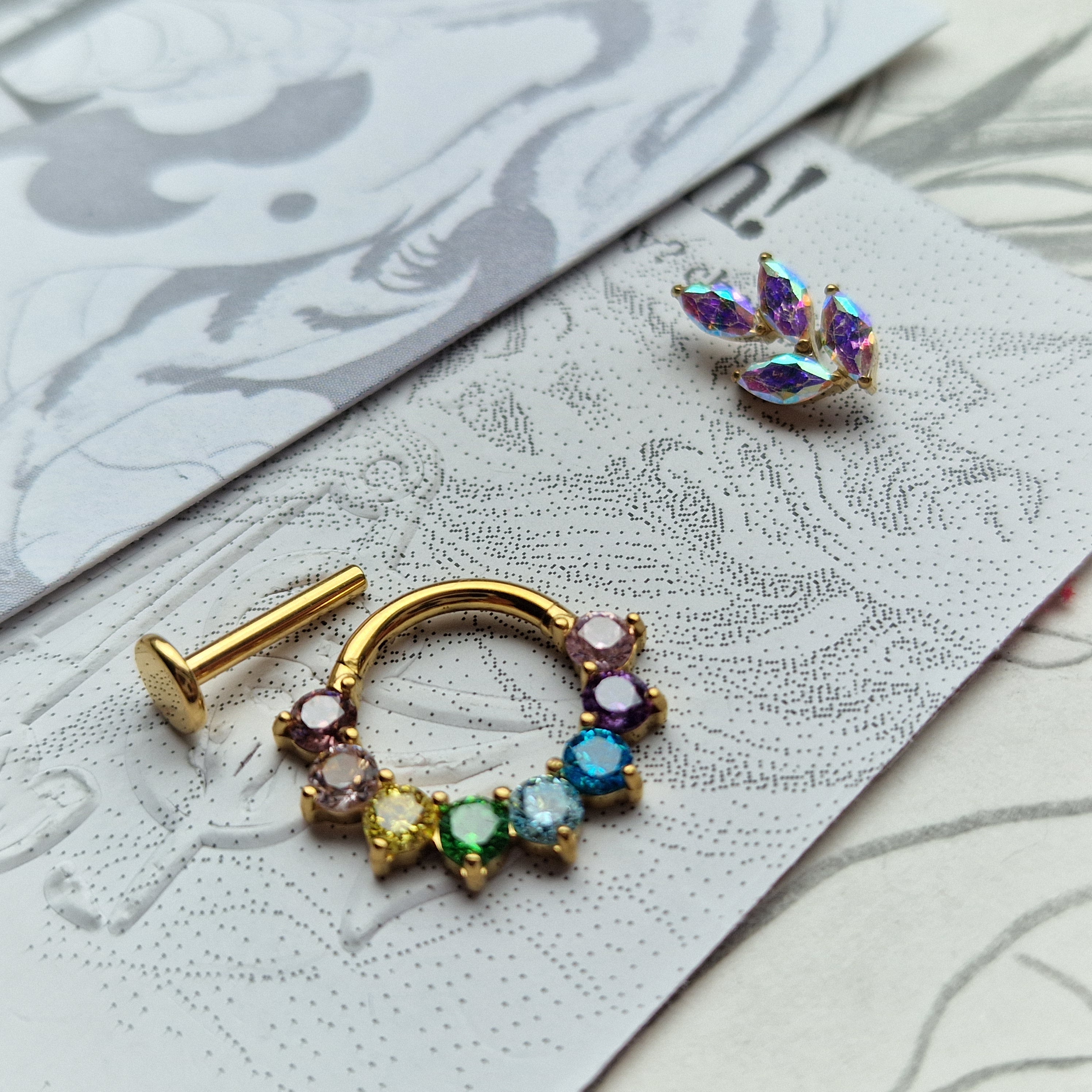 Rainbow Iridescent Set Titanium Gold Cartilage Stud / Hoop Set | Body Piercings Alt Jewellery