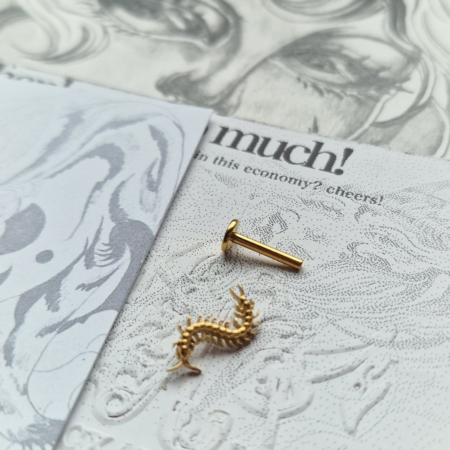 Centipede Insect Gold Titanium Stud |  Nature Body Piercings and Jewellery
