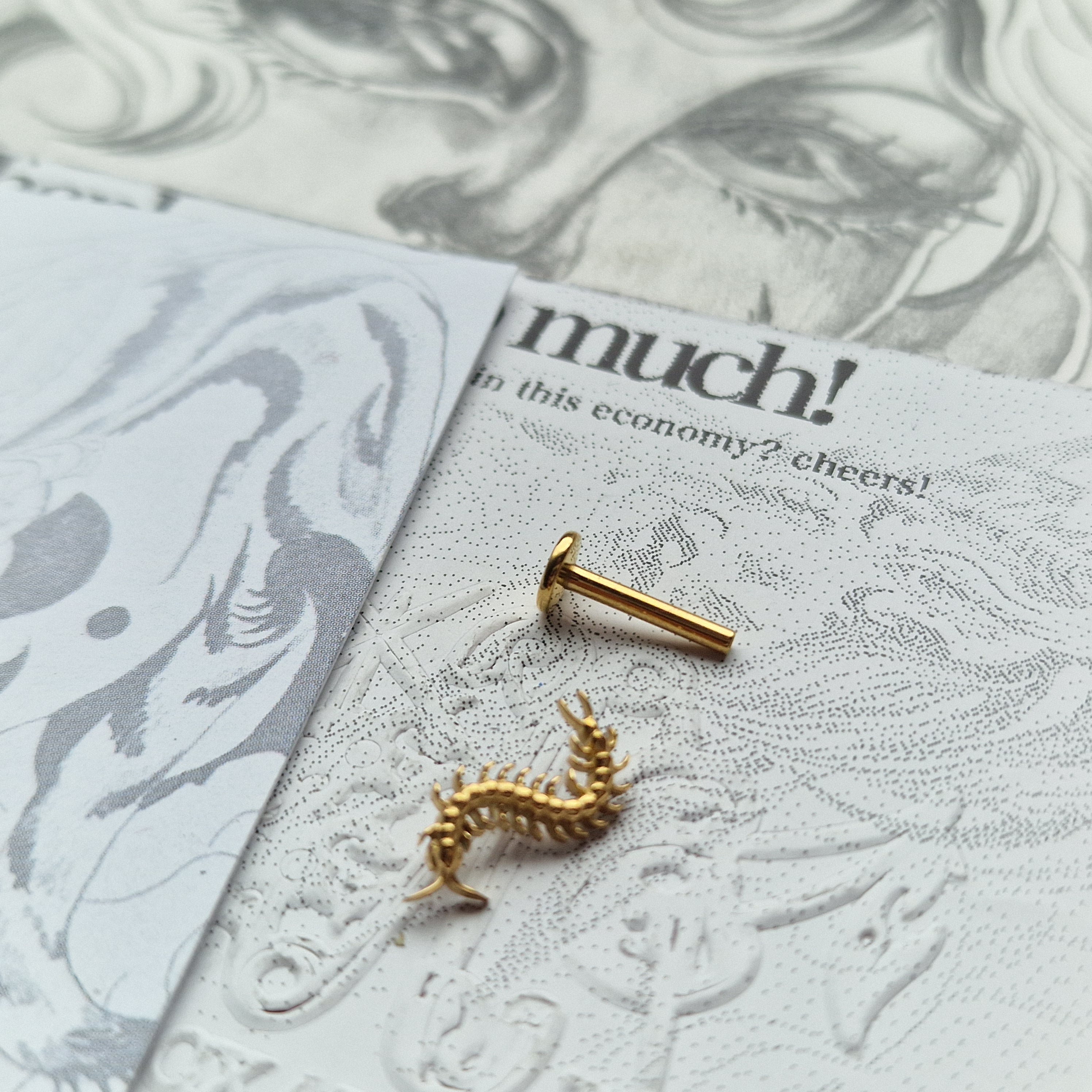 Centipede Insect Gold Titanium Stud |  Nature Body Piercings and Jewellery