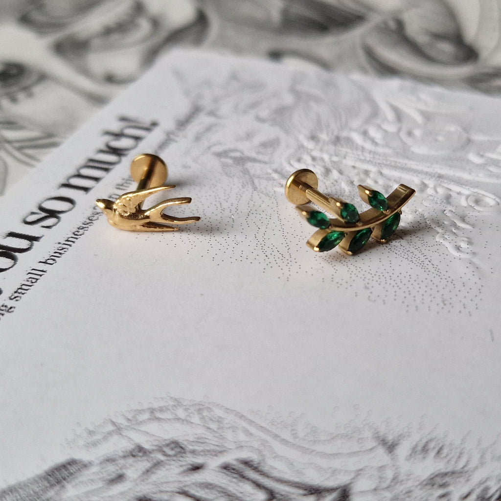 Olive Branch Leaves and Gold Birdie Asymmetric Stud Set | Gold and Green Nature Inspired Cartilage Flat Back Earrings