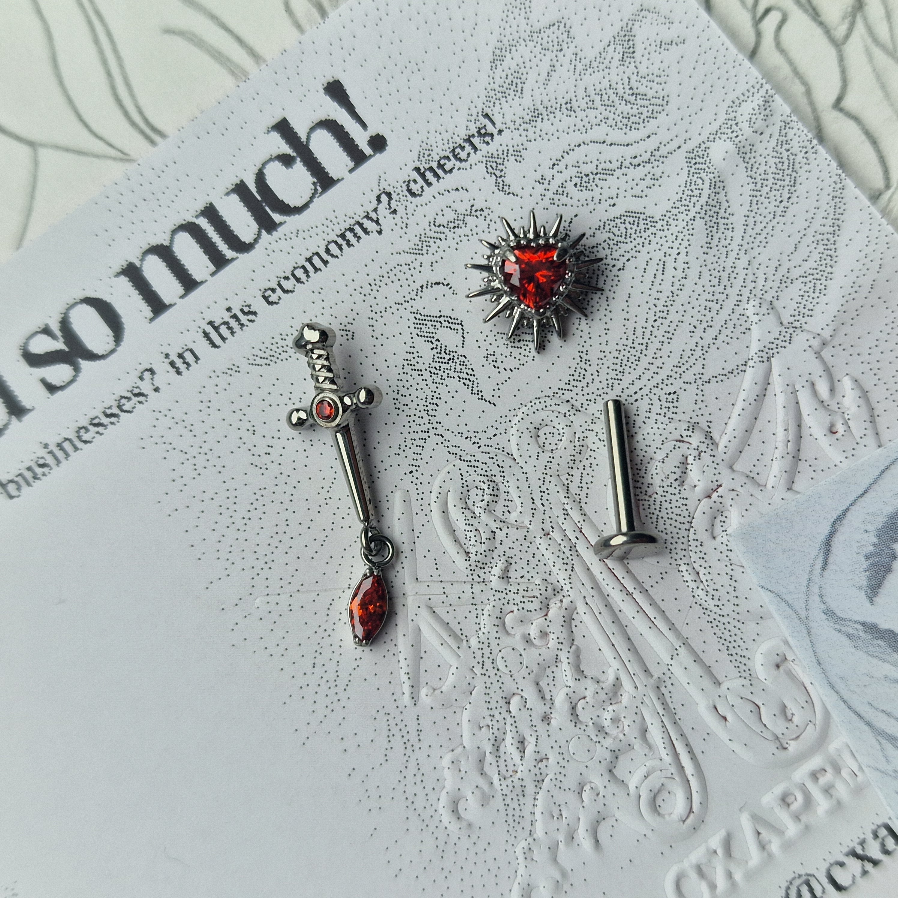 Capture the Heart and Sword | Titanium Cartilage Stud Set | Alt Body Jewellery