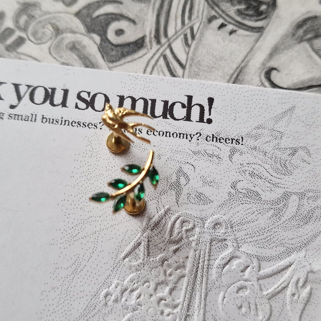 Olive Branch Leaves and Gold Birdie Asymmetric Stud Set | Gold and Green Nature Inspired Cartilage Flat Back Earrings