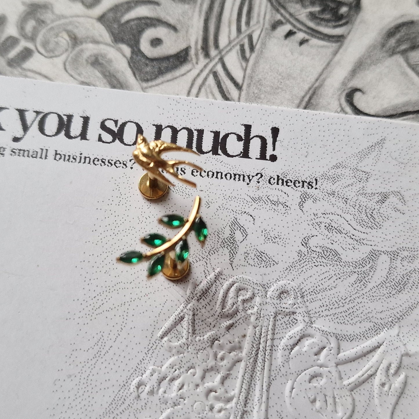 Olive Branch Leaves and Gold Birdie Asymmetric Stud Set | Gold and Green Nature Inspired Cartilage Flat Back Earrings