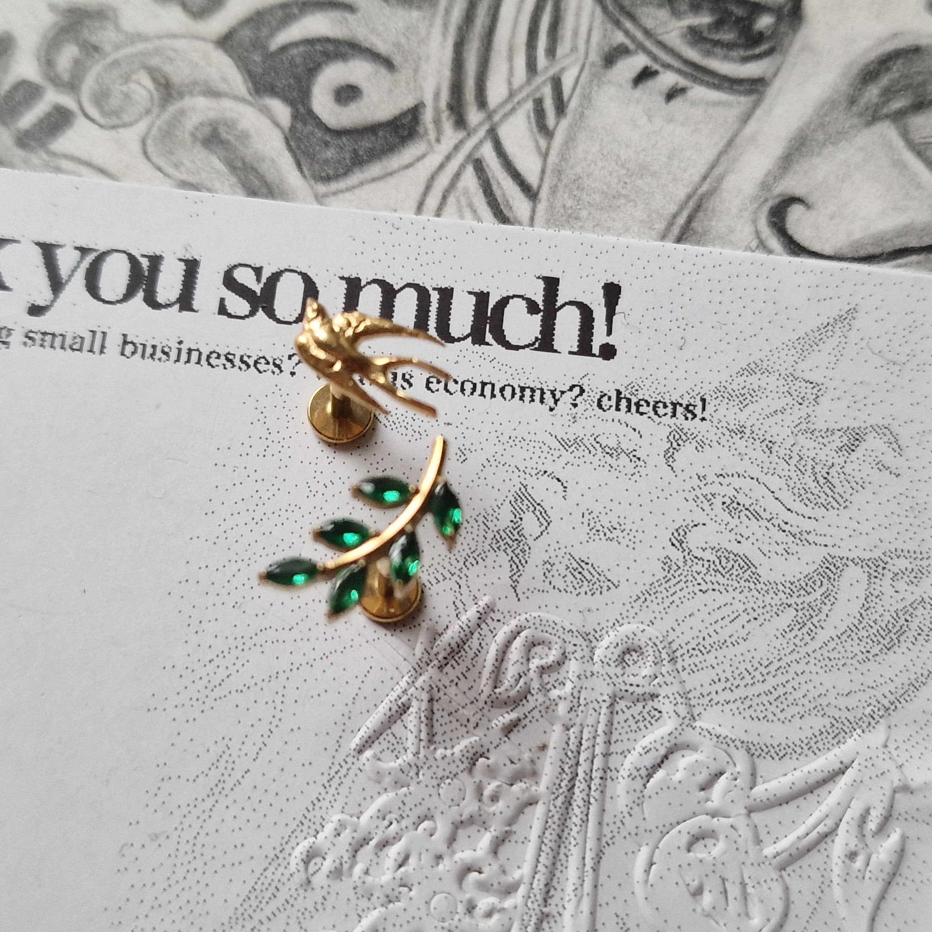 Olive Branch Leaves and Gold Birdie Asymmetric Stud Set | Gold and Green Nature Inspired Cartilage Flat Back Earrings