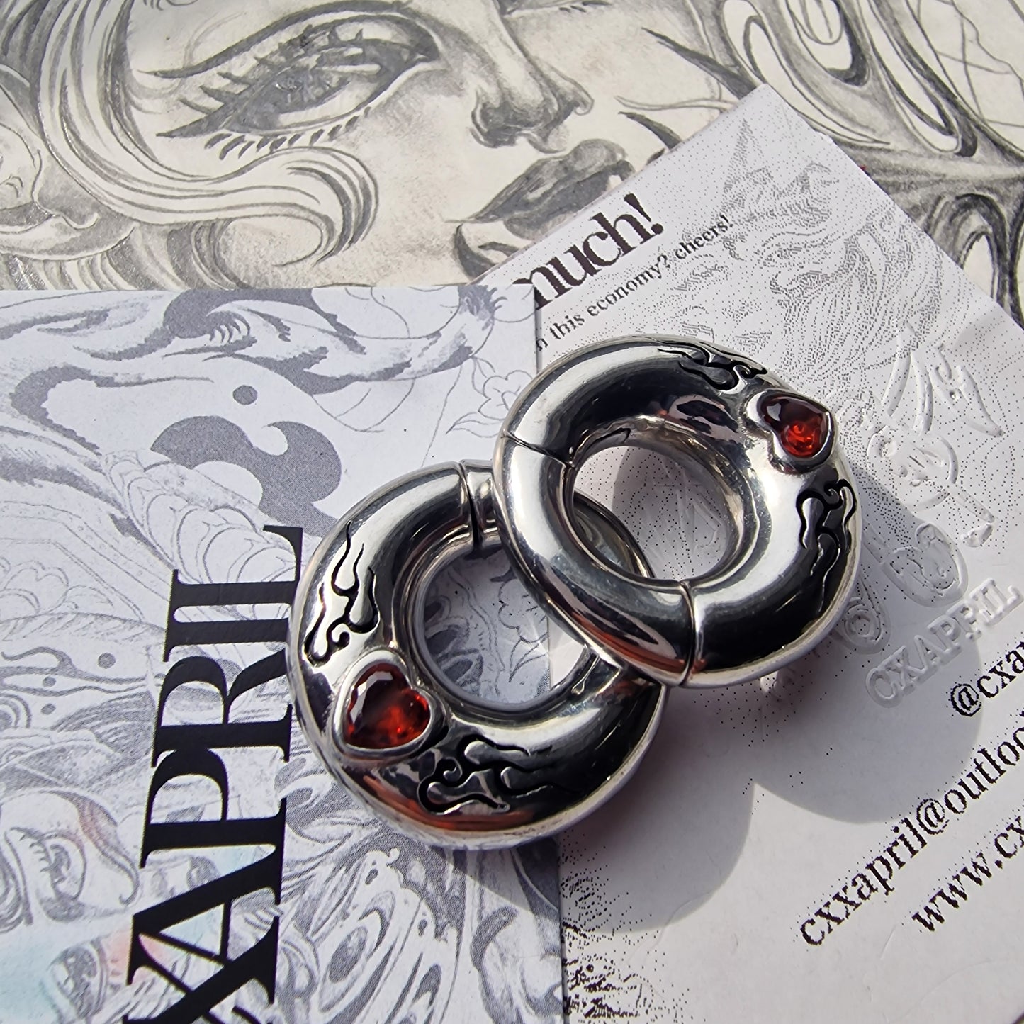 6MM 2G Red Flame x Tribal Tattoo Heart Ear Weights | Stretched Lobes