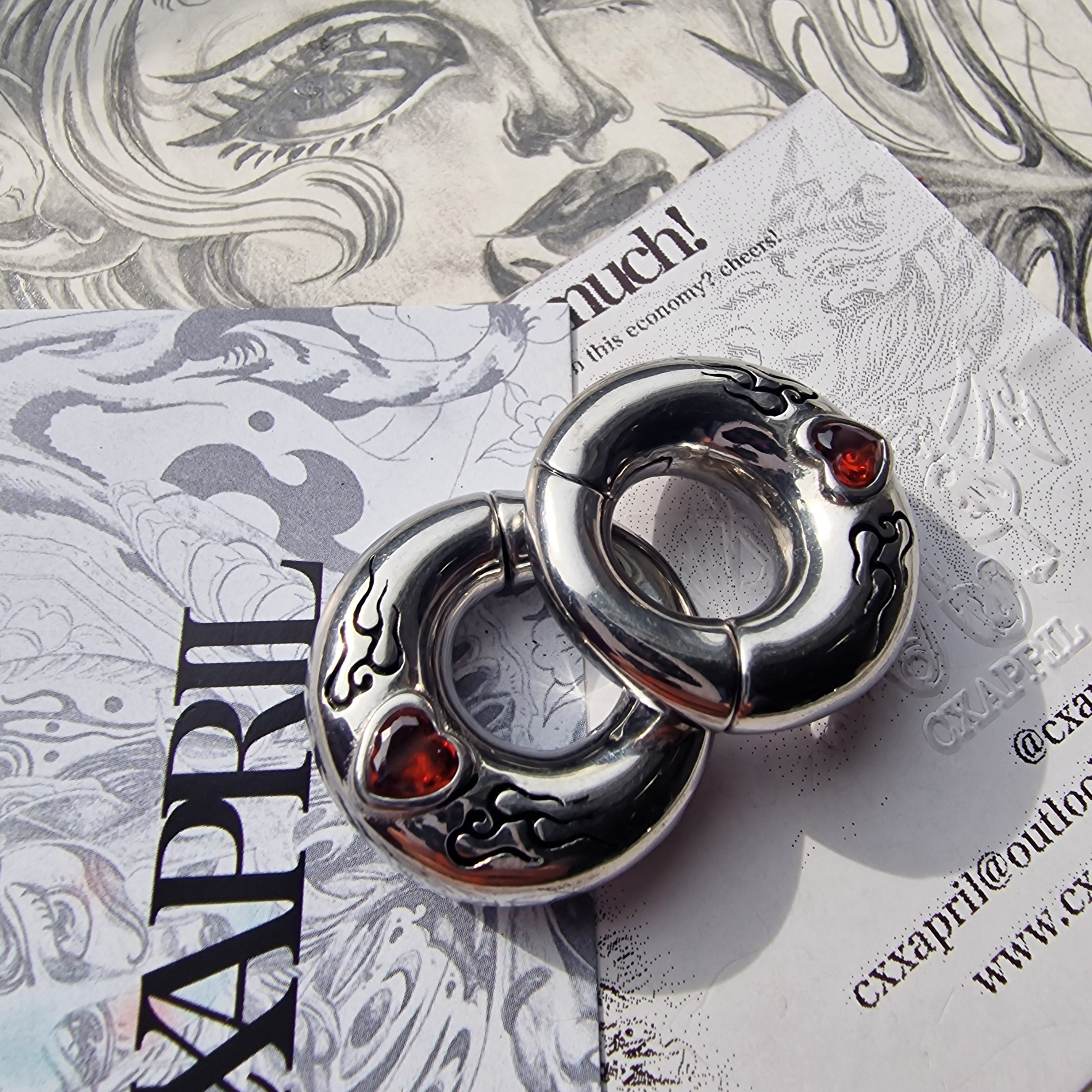 6MM 2G Red Flame x Tribal Tattoo Heart Ear Weights | Stretched Lobes
