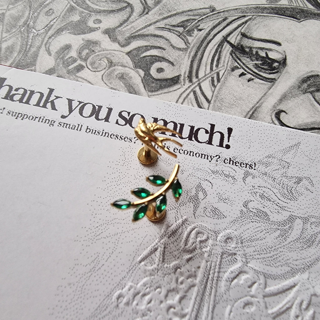 Olive Branch Leaves and Gold Birdie Asymmetric Stud Set | Gold and Green Nature Inspired Cartilage Flat Back Earrings
