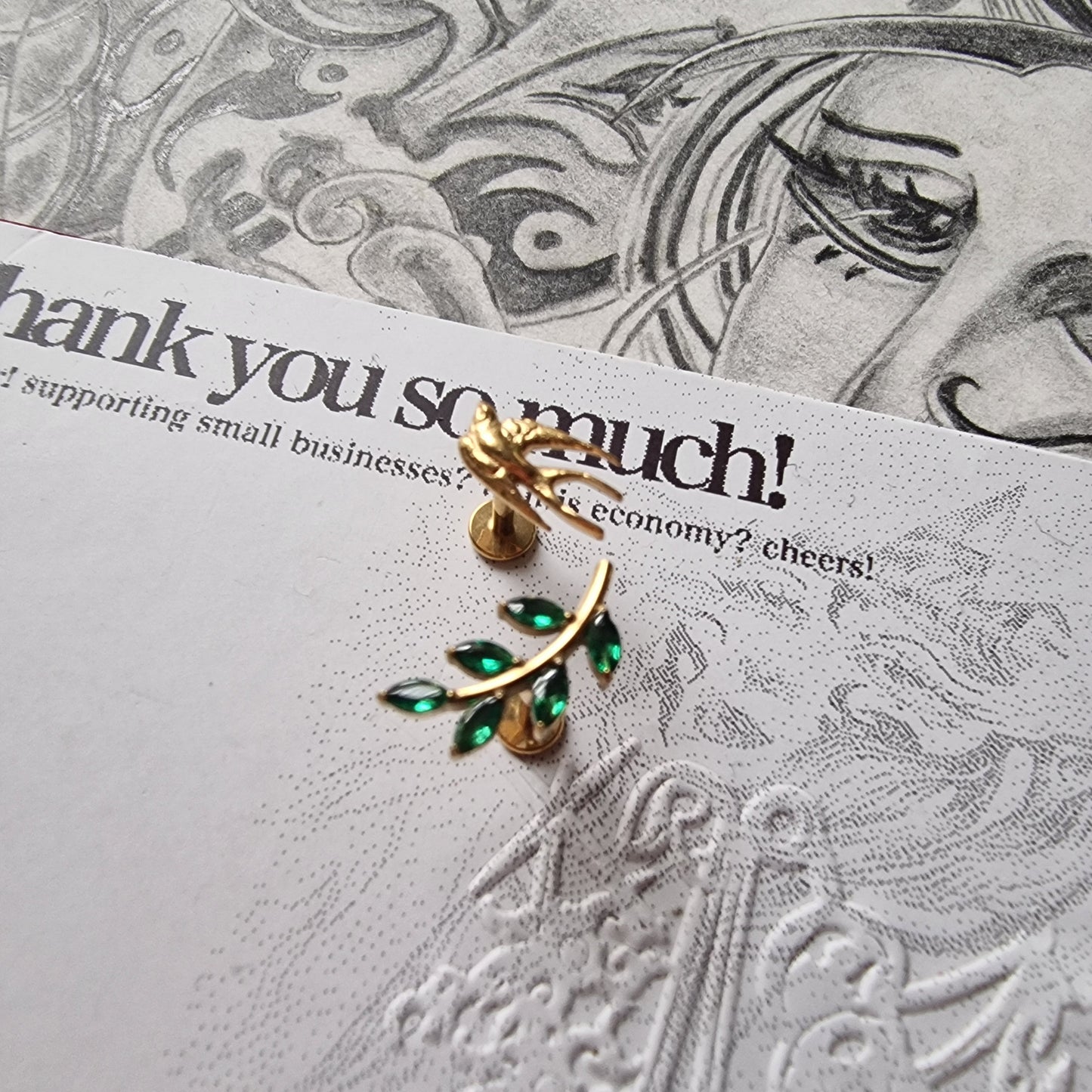 Olive Branch Leaves and Gold Birdie Asymmetric Stud Set | Gold and Green Nature Inspired Cartilage Flat Back Earrings